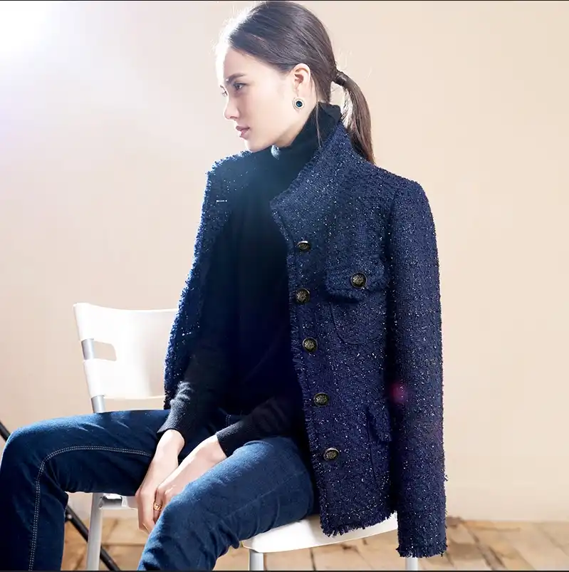 Navy blue tweed jacket spring / autumn /winter women's jacket coat
