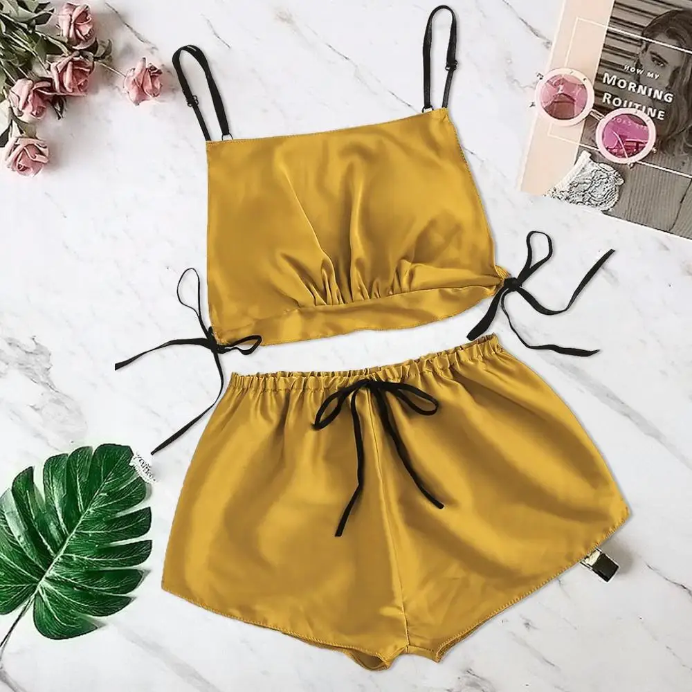 

Women Satin Silk Bowknot pajamas set Camisole Shorts Set Sleepwear Bandage Lingerie home suit summer fashion camis nightie pink