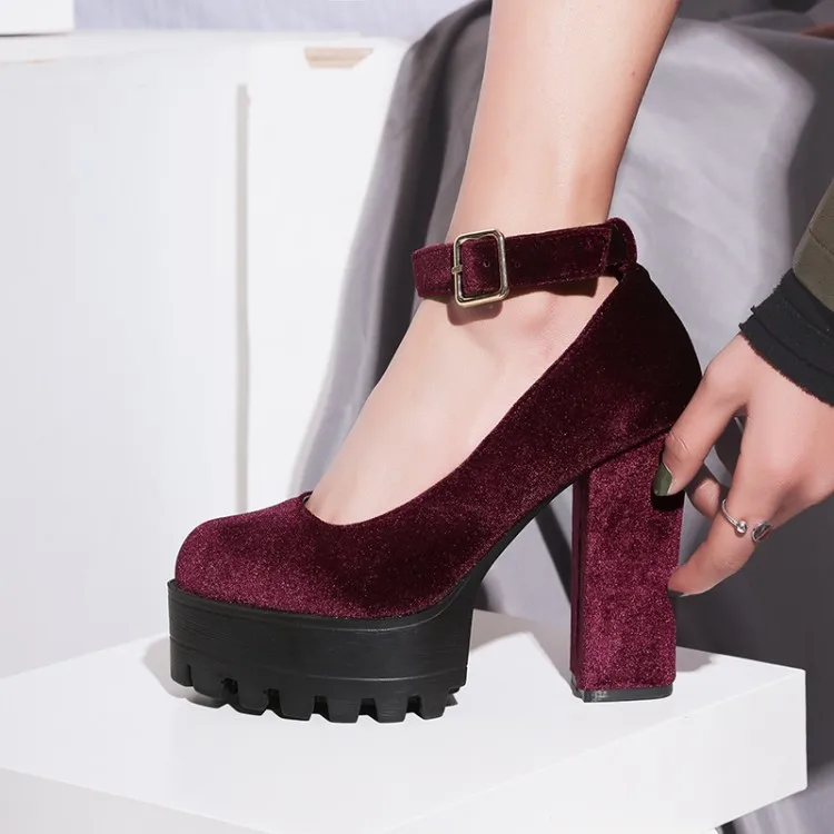 PXELENA/женские туфли-лодочки на не сужающемся книзу массивном высоком каблуке; модельные вечерние туфли из флока с круглым носком и ремешком на щиколотке; женская обувь для свиданий в стиле панк-рок; готика; размеры 34-42