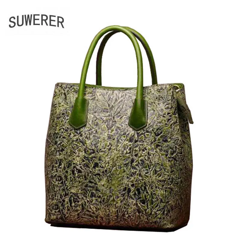 

SUWERER 2019 New women leather handbags Superior cowhide Genuine Leather women bags Women famous brand Luxury embossed bag