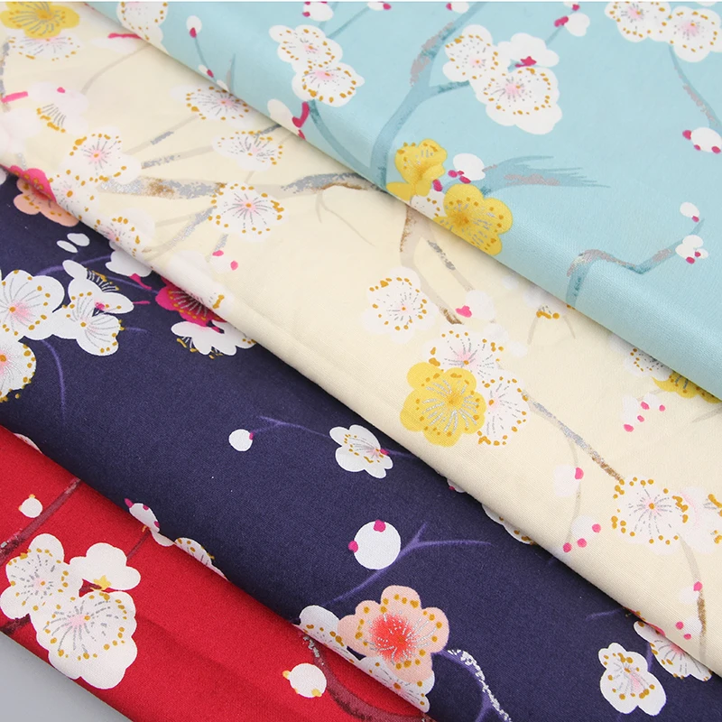

Cotton Fabric 1 Meter Japanese Cotton Fabric DIY Handmade Elastic Poplin Gilt Printing Clothing Cloth Three Colors Plum Blossom