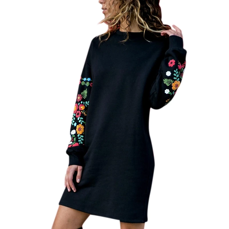 

Fashion Women Elegant Dress Flower Print O-Neck Long Sleeve Solid Mini Dress Loose Casual Dress