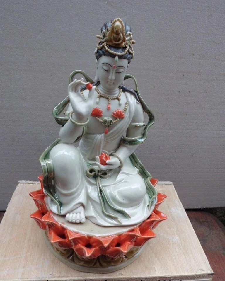 

10 Pottery Porcelain Sitting Lotus Buddhism Kwan-yin Guanyin Bodhisattva Statue