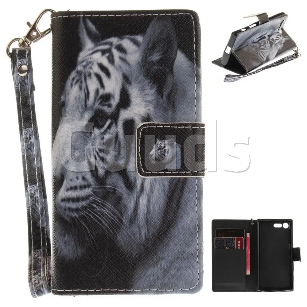White Tiger Hand Strap Leather Wallet Case for Sony Xperia X Compact X Mini