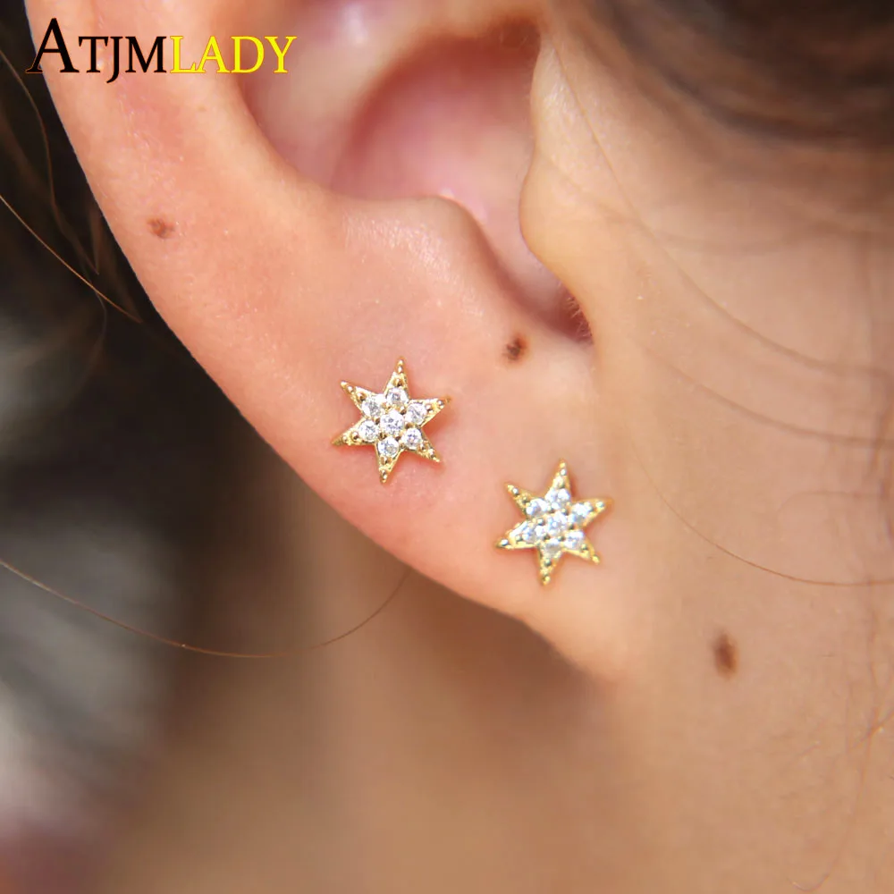 Настоящее серебро 925 проба маленький cz серьги-гвоздики минималистичные звезды милые ювелирные изделия нежные женские серьги-гвоздики для девочек крошечные cz Звезда нежный