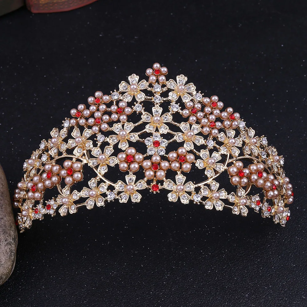 

KMVEXO Champagne Pearl Bridal Crown Woman Crystal Flowers Tiaras Hair Ornaments Bride Headbands Wedding Hair Jewelry Accessories