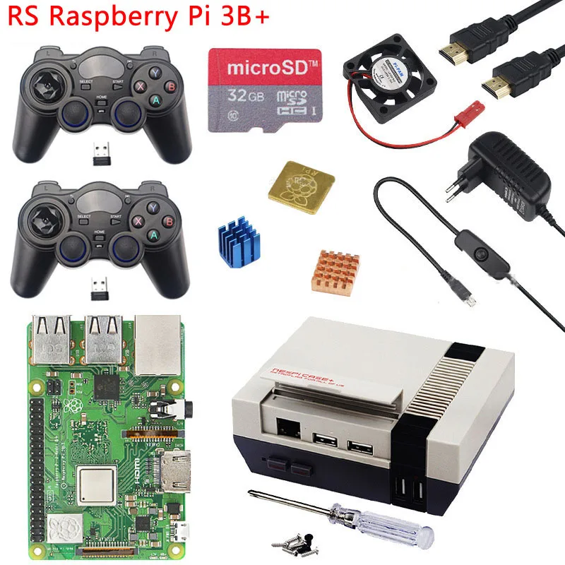 Raspberry Pi 3 Model B+ чехол NESPi Plus+ 2 беспроводных геймпада+ sd-карта 32 ГБ+ адаптер питания 3 А+ вентилятор+ радиатор для Retropie