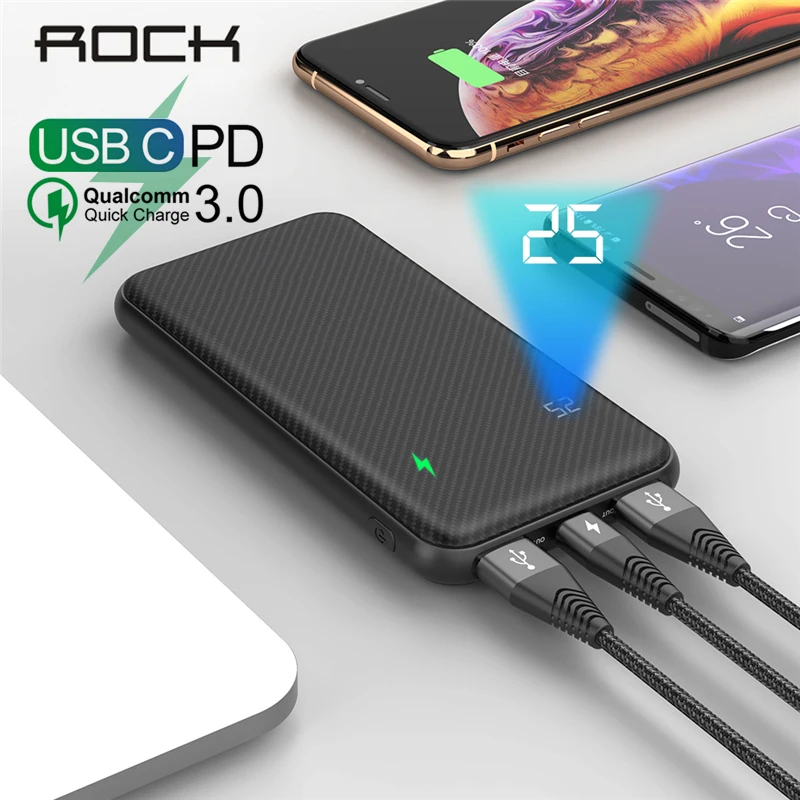 

ROCK 10000mAh Power Bank Quick Charge QC 3.0 USB Type C PD 18W Powerbank For Xiaomi Portable Charger External Battery Led