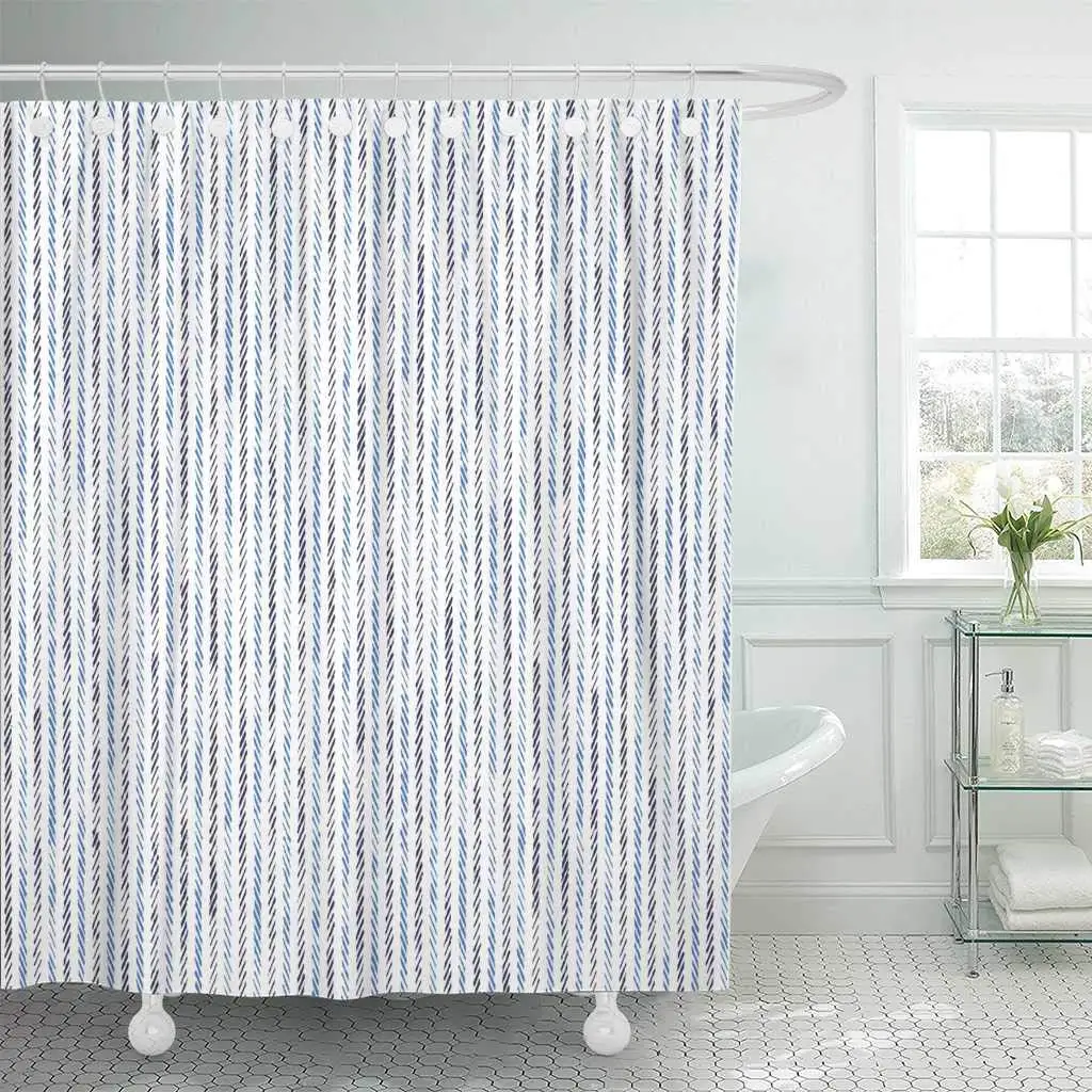 Shower Curtain with Hooks Blue Colors Abstract Herringbone Stripe Washed Effect Navy Creative Dashed Elegant | Дом и сад