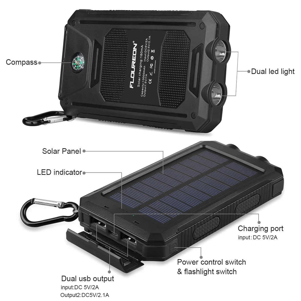Floureon 10000 mAh солнечная панель водонепроницаемый банк питания двойной USB зарядное устройство с 2 светодиодный свет