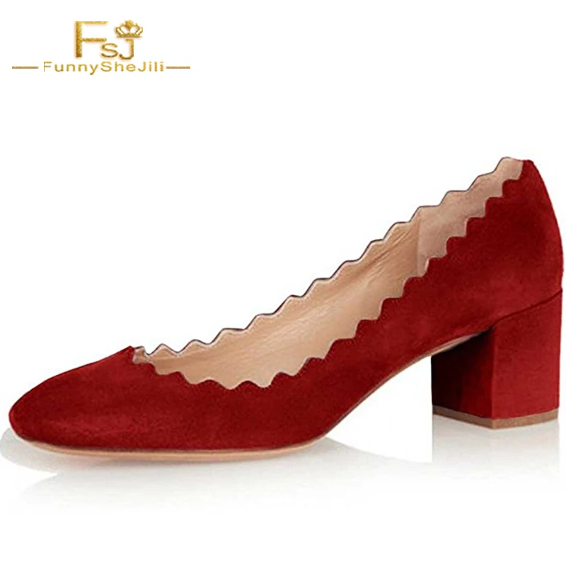

Classic Summer 2018 Dark Red Flock Wave Decorations High Chunky Heel Pumps Round Toe Dress Casual Shoes Women FSJ Size 4 16