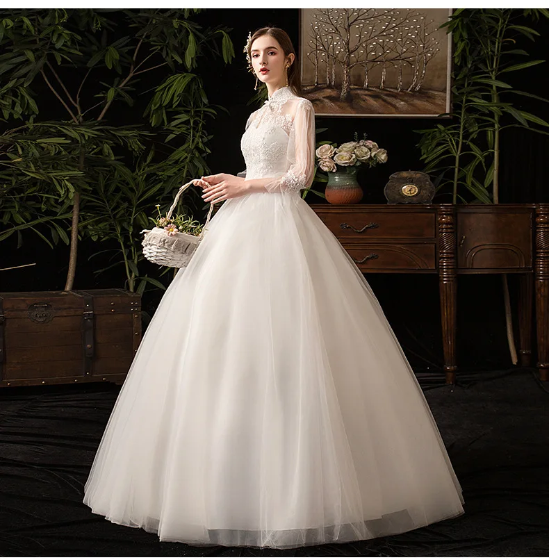 vintage wedding dresses 2022 New High Neck Three Quarter Sleeve Wedding Dress Sexy Illusion Lace Applique Plus Size Vintage Bridal Gown Robe De Mariee L reception dress for bride