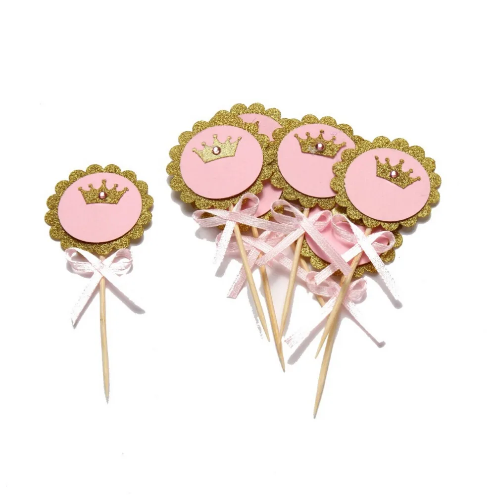 Glitter Gold Pink Crown Cupcake Toppers with Bow Rhinestone Girls