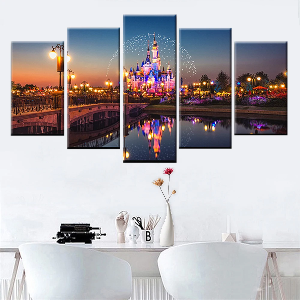 

Modern HD Printed Canvas Poster 5 pieces Amusement Park Castle Night Painting Modular Picture Home Decoration Frame Wall Art