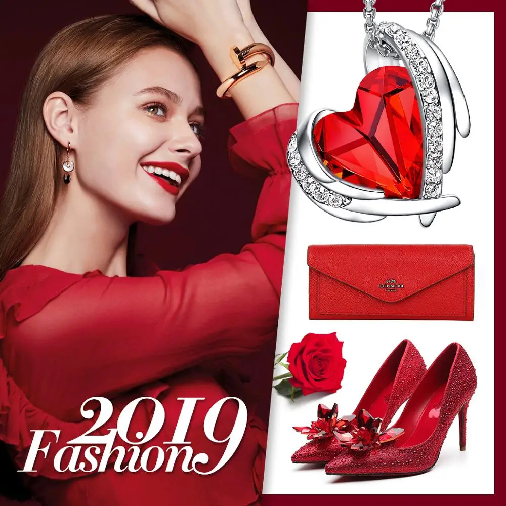CDE кулон ожерелье украшено кристаллами от Swarovski Красное сердце серебряный цвет