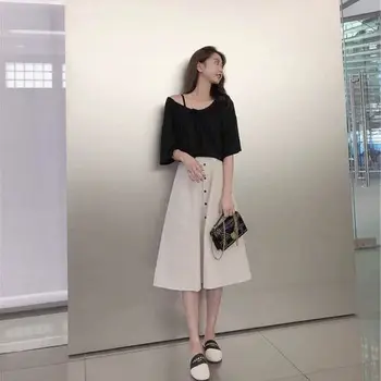 

Summer Women Sets Clothes Half Sleeves Pullover One Shoulder Tops Knee-length Single Breasted Skirts Casual 2 Piece Set Women