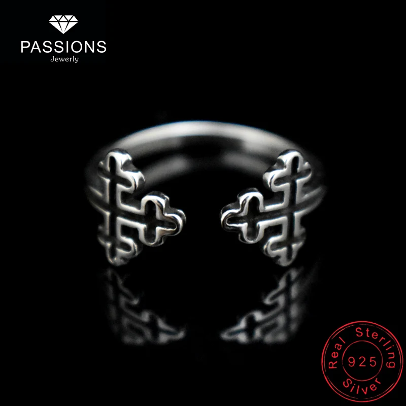 

New Vintage Black Color Punk Style Rings Antique 925 Silver Triangle Cross Adjustable Ring For Women Jewelry Personality Rings