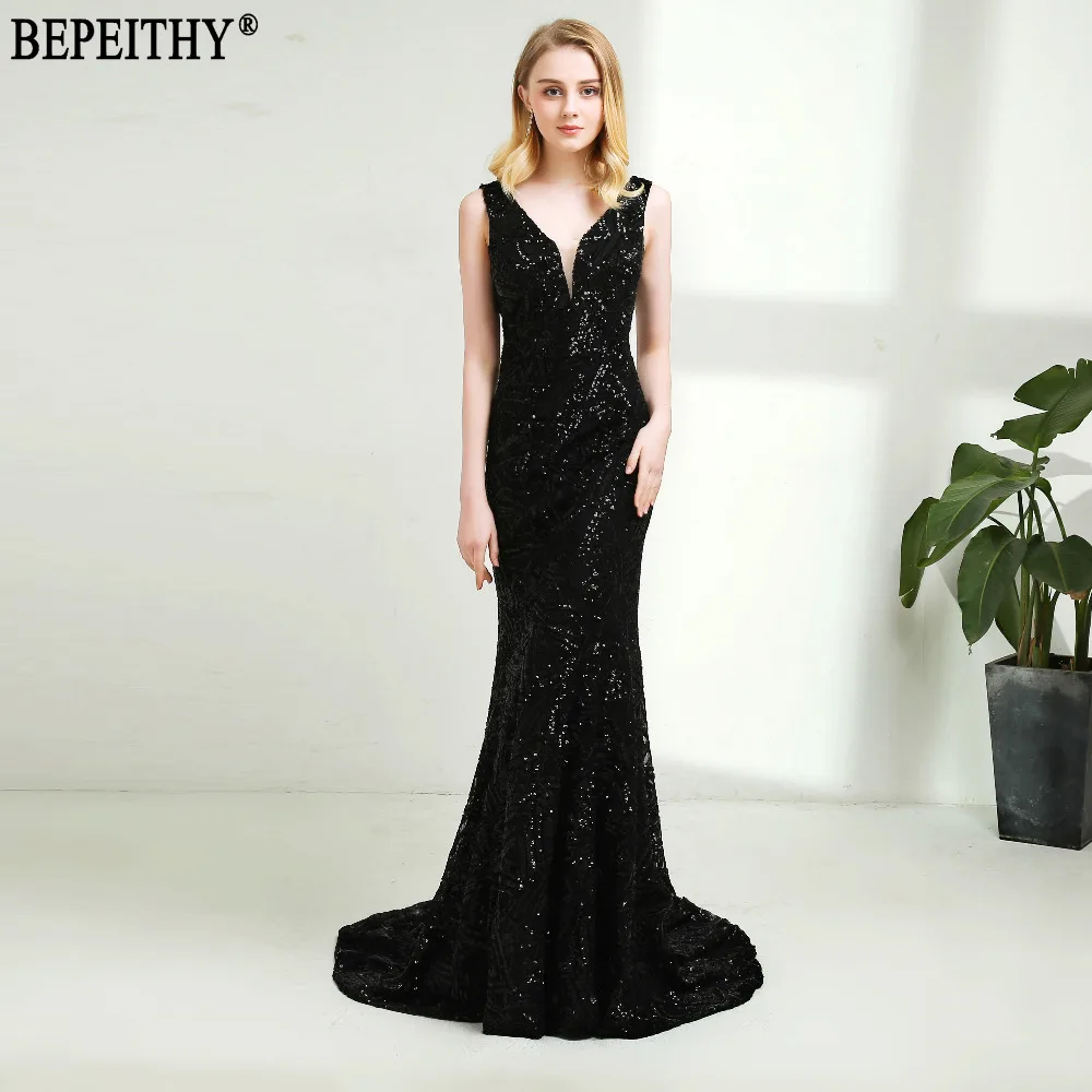 BEPEITHY vestido de festa сексуальное Новое Дизайнерское черное платье с v-образным вырезом и блестками для выпускного вечера длинное вечернее платье русалки