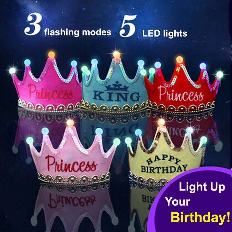 

Luminous LED Glow Birthday Hat Cap Prince Princess Crown Flashing Hair Accessory Headdress HairHoop Headband Baby Child