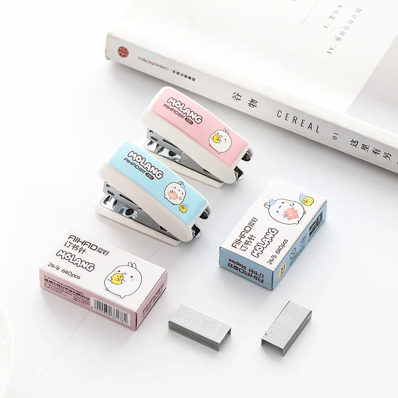 

12 set/lot Mini Molang Patterns Stapler Set Escolar Papelaria School Office Supply Student Prize Birthday Gift