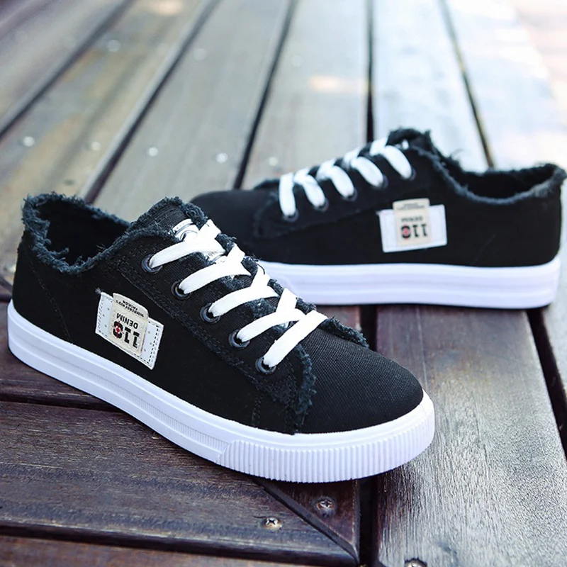 

Wimen's Shoes Spring/Autumn Lace Up Cozy Canvas Shoes For Girl Sewing Soft Black Sneakers Female Jeans Basket Femme