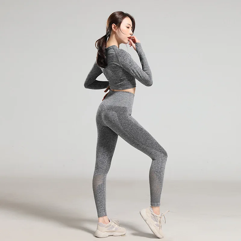 

New Autumn Yoga Shirt Women's Tight Pant Hollow Long Sleeve High Waist Peach Hip Pants Sportswear