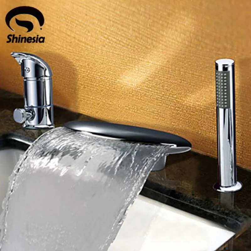 Contemporary Chrome Finish Widespread Waterfall Tub Faucet Mixer W