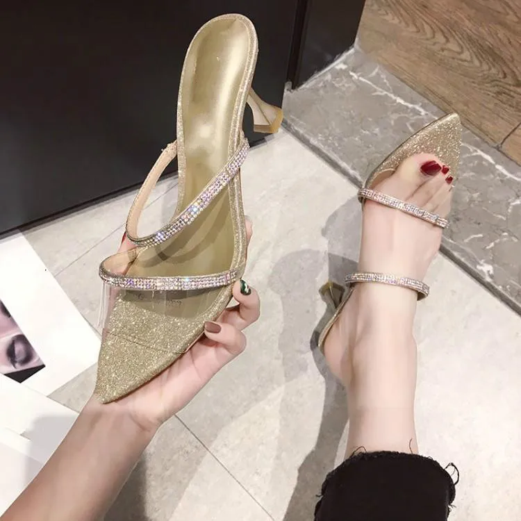 

Luxury Gold Silver Crystal Embellishments Two Buckle Transparent PVC Upper Women Shoes Pointed Fish Toe Slip On Mules High Heels