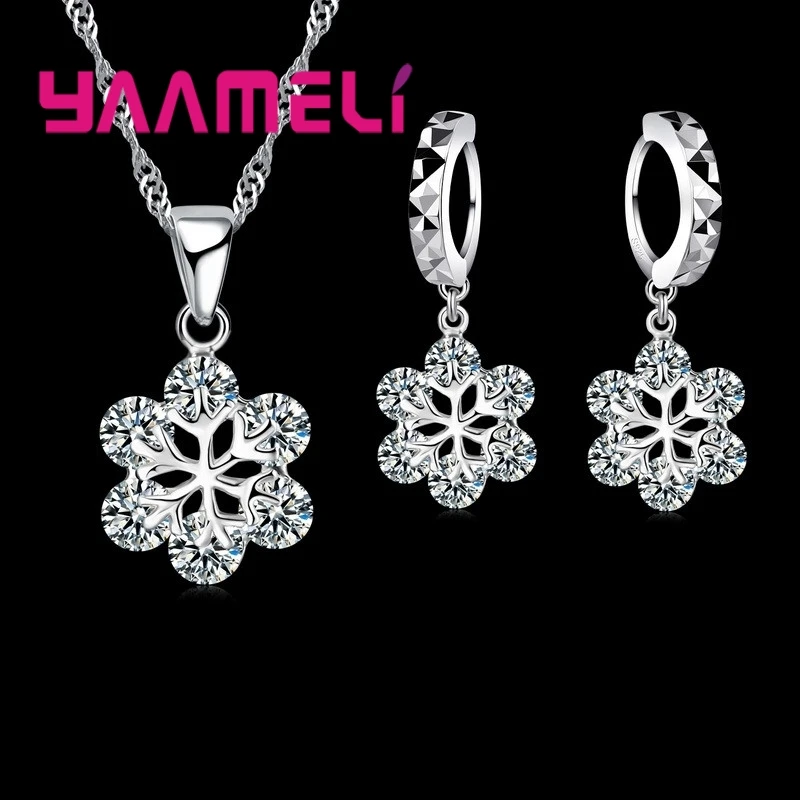 

Brand Snowflake Shape 925 Sterling Silver Pendant Necklaces Earrings Sets Wedding Engagement Jewelry Sets Women