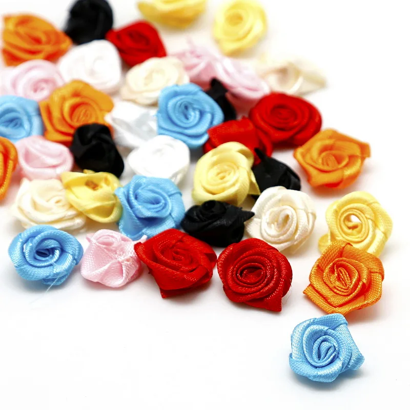 

High Quality 100pcs/lot Multi Colors 2cm Handmade DIY Satin Ribbon Rose Flower Wedding Decoration Appliques Craft Accessories