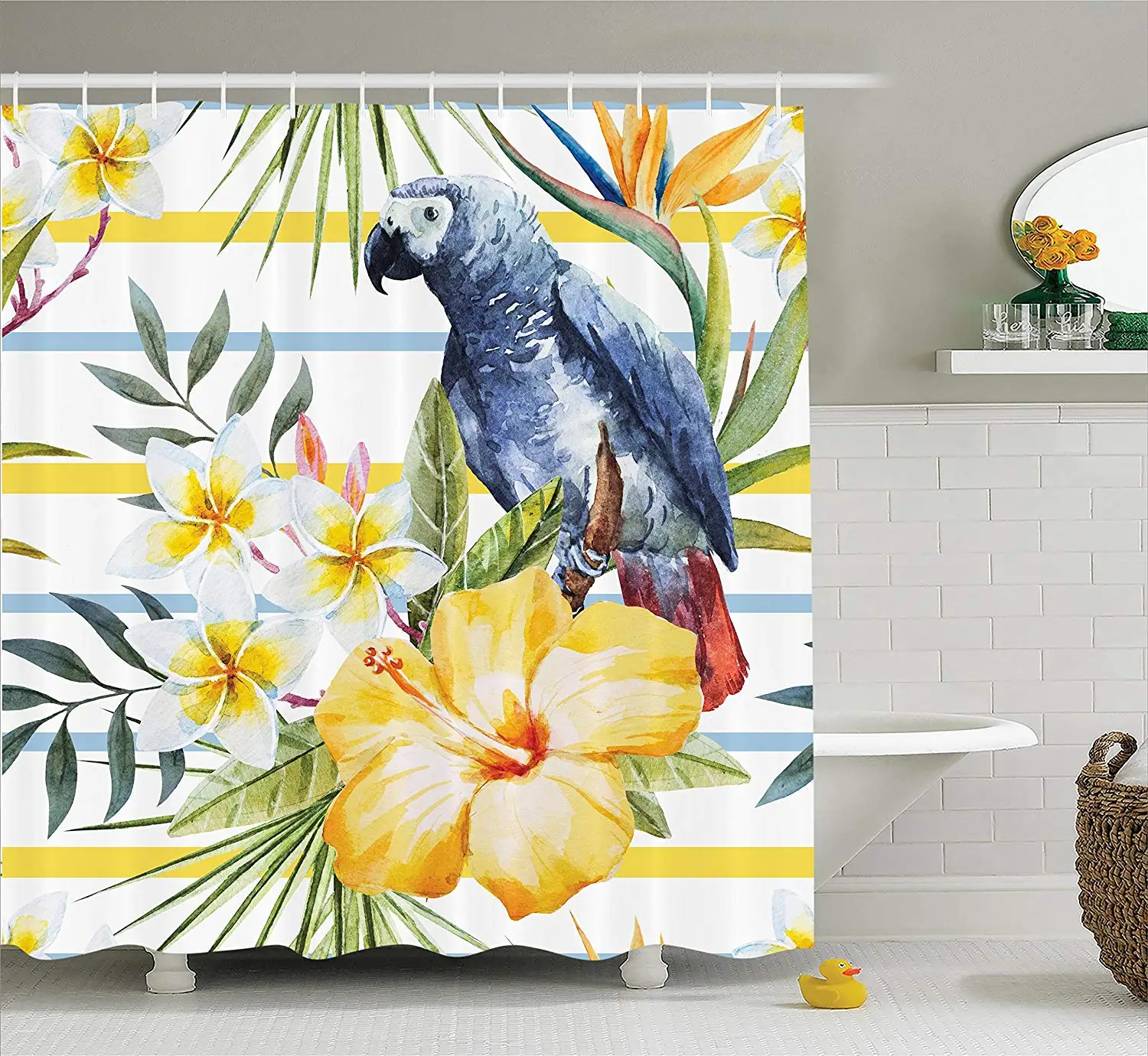 Попугаи декора душ Шторы Тропические экзотические узор с попугаем орхидеи и гибискус Гавайские цветы джунгли Стиль Ванная комната