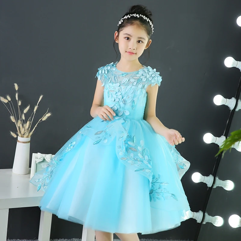

New Girl Dress Princess for Party Wear Baby Children Evening Party Ball Gowns Blue Junior Embroidery Lace Wedding Birthday Dress