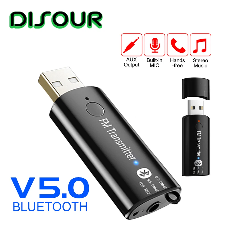 Disour fm-трансмиттер с USB машинный набор Bluetooth Мини AUX 3,5 мм стерео наушники Muisc аудио Bluetooth ресивер V5.0 Беспроводной адаптер для автомобиля