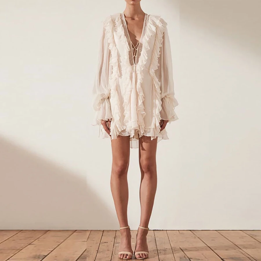 

High Quality 2019 Summer Solid Apricot Ruffle Elegant Dress V-neck Lantern Sleeve Mesh Women Dress Drawstring Slim Mini Dress