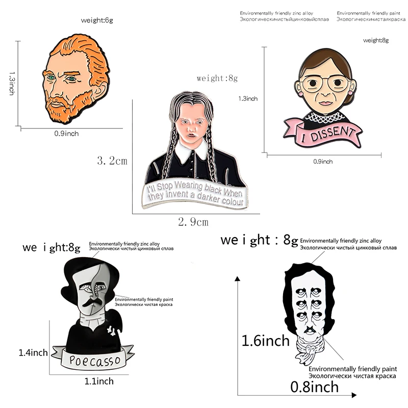 Знаменитая фигура эмалированная булавка художника Эдгара Аллан По среда Аддамс Руфь Бадер гинсбург брошь одежда нагрудные булавки мультфильм ювелирные изделия