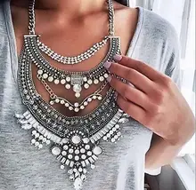 Moda Joyería Collares Colgantes 2016 Mujeres Crystal Choker Collares Collier Femme Babero Boho Vintage Chunky Plata