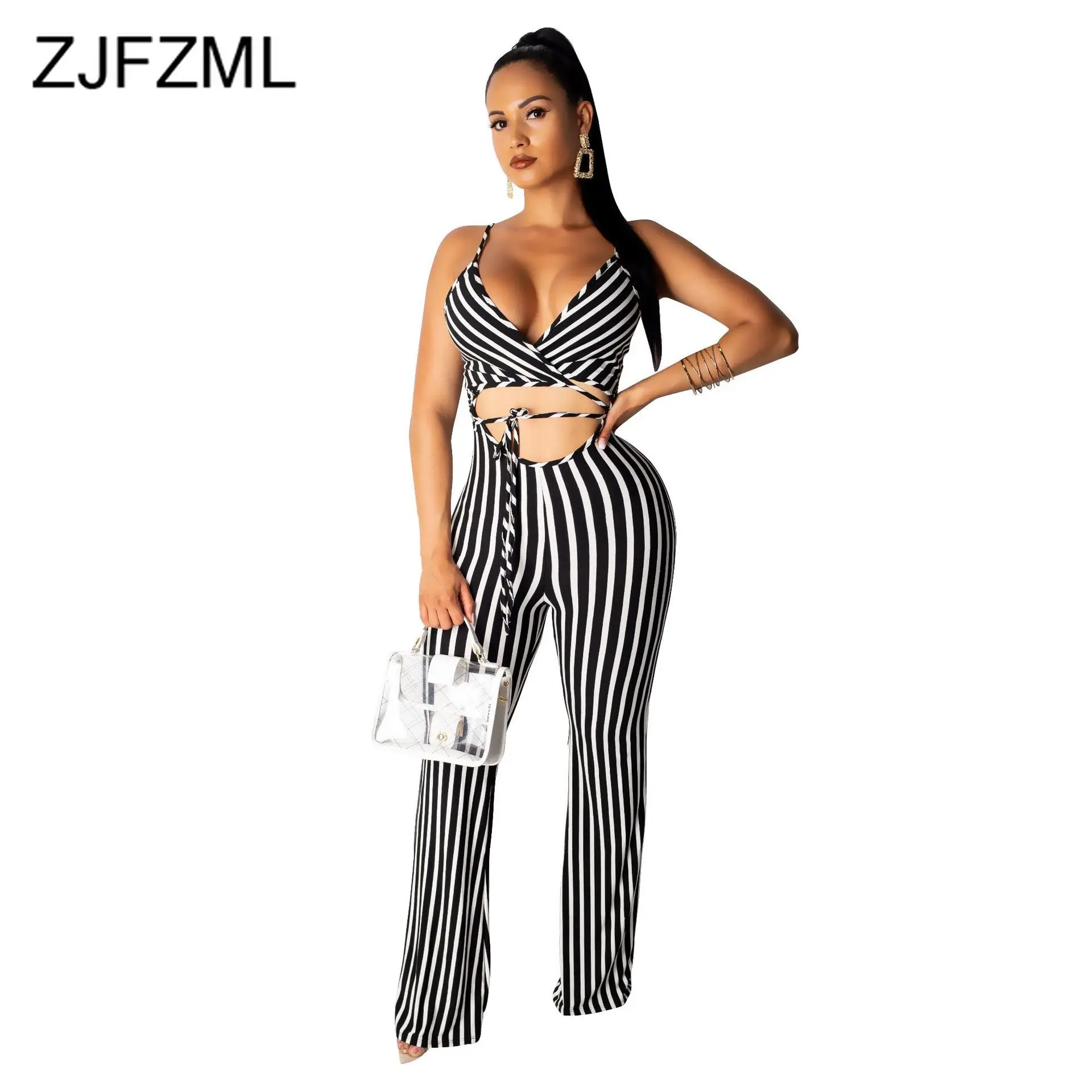 

Black White Stripe Sexy Bandage Jumpsuit Women Spaghetti Strap Backless Party Romper Summer Waist Band Cut Out Backless Overall