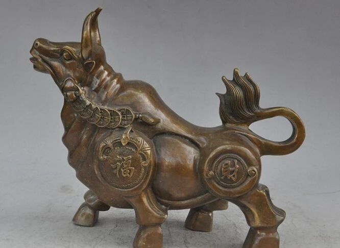 Oriental old Rich Coins ox Wealth Money Bull Lucky  copper dragon statue 