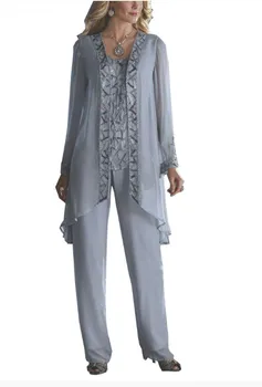 

Sparkling Mother of the Bride Dresses Pants Suit with Long Jacket Three Pieces Mother Fuchsia Chiffon vestido de madrinha