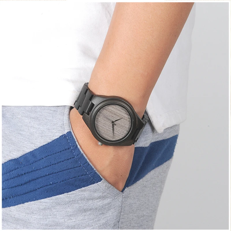 BOBO BIRD L-H06 Ebony Wooden Watches Men Handmade Simple Design Grey Dial without Scale Watches with Wooden Band as Gifts