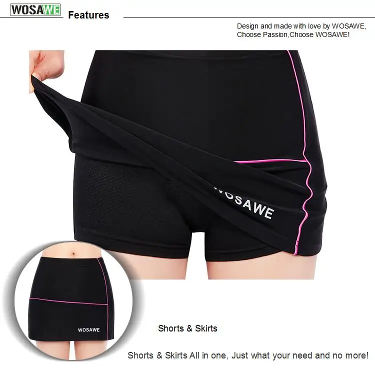 WOSAWE Женская мини-юбка для велоспорта, велосипеда, тенниса, плиссированная юбка, шорты, штаны, гелевая подкладка, Черная