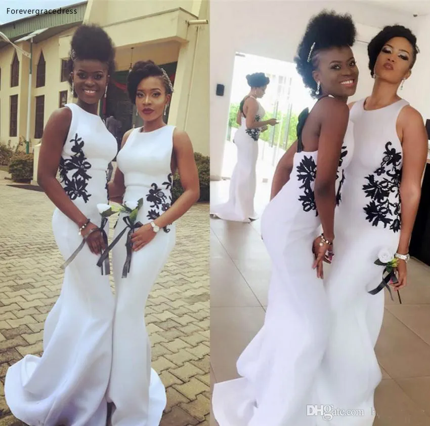 Nigerian African White with Black Appliques Mermaid Bridesmaid Dresses 2019 Backless Halter Neck Satin Long Wedding Guest Party Evening Gown  94