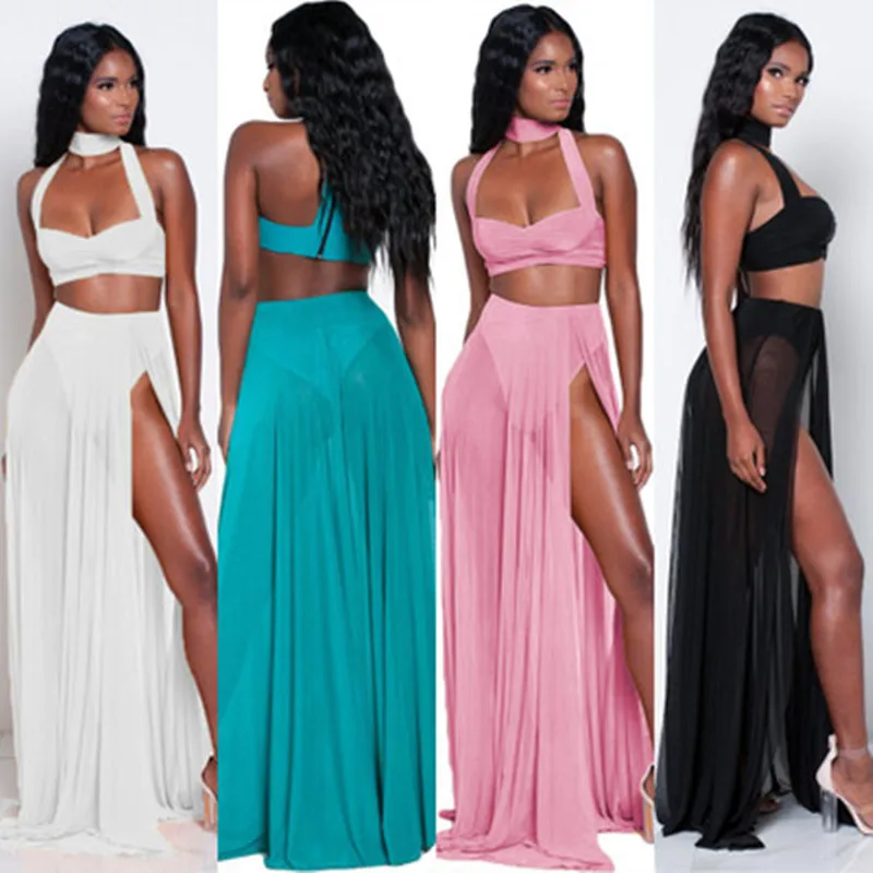 

Sexy Women Chiffon Max Dress See-through Floor Length Women Summer Beach Dress Halter Strap Empire Multi-color Female Vestidos