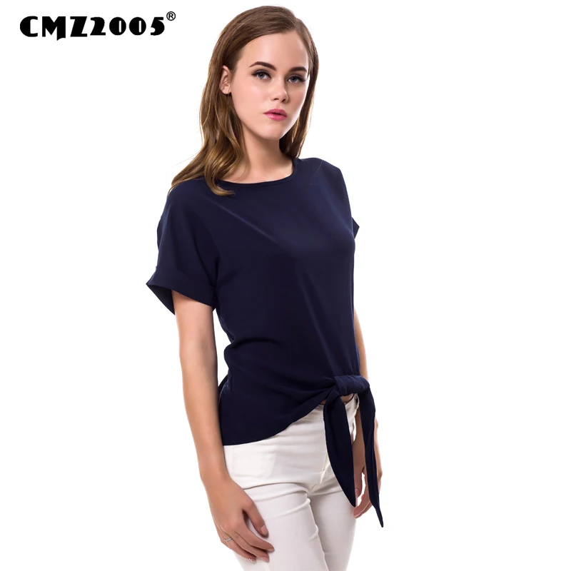 

New Fashion Summer Women's Elegant O-Neck Solid Color Shirt Top Women Blouses Short Sleeve Tie Blouse Ladies Tops 71464