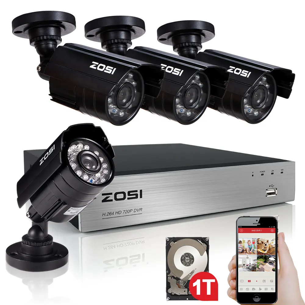 ZOSI 8CH CCTV System 720P DVR 4PCS 1.0MP IR Weatherproof Outdoor Camera Home Security System Surveillance Kits