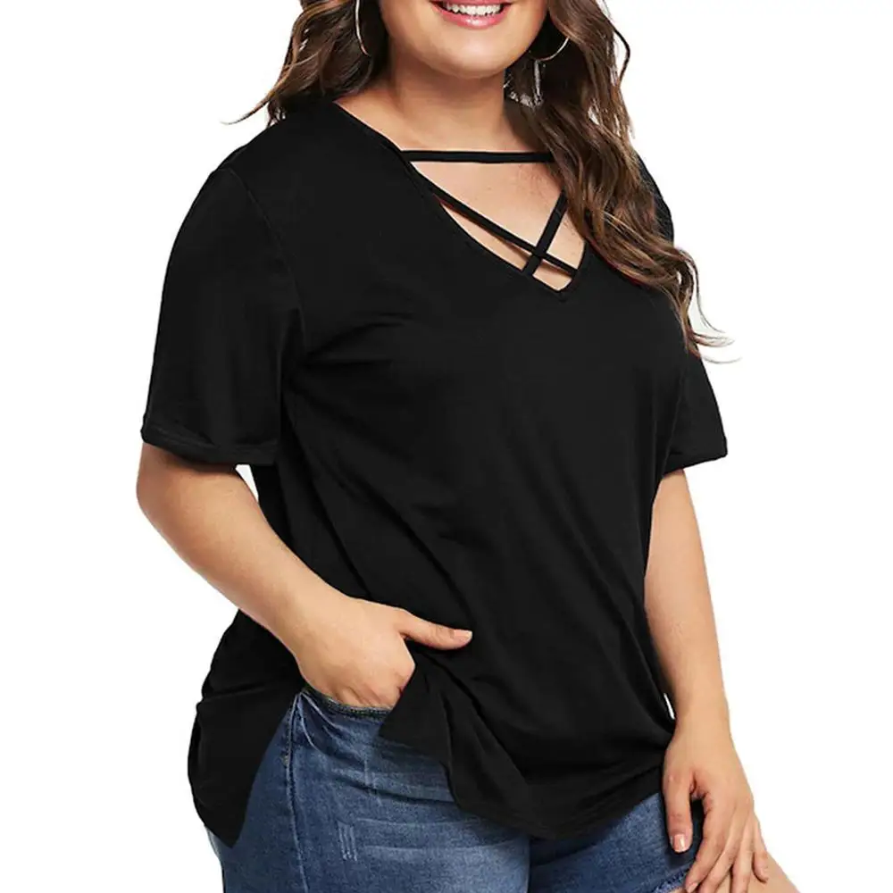 

Women Tops Plus Size Lace Up V-Neck Solid Short Sleeve Summer Casual Fashion Large Size Blouses Shirt dames blouse zomer 4FM