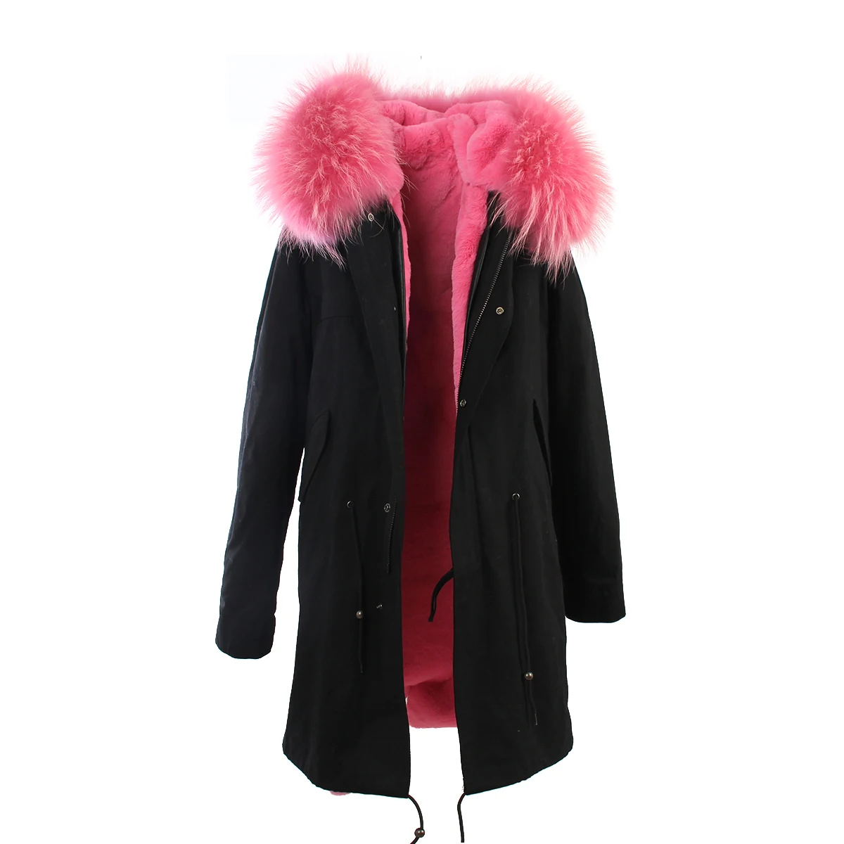 JAZZEVAR Женское пальто розового цвета с искусственным мехом куртки парка с наполнителем с натуральным мехом енота на капюшоне в стиле милитари зимние куртки хорошего качества