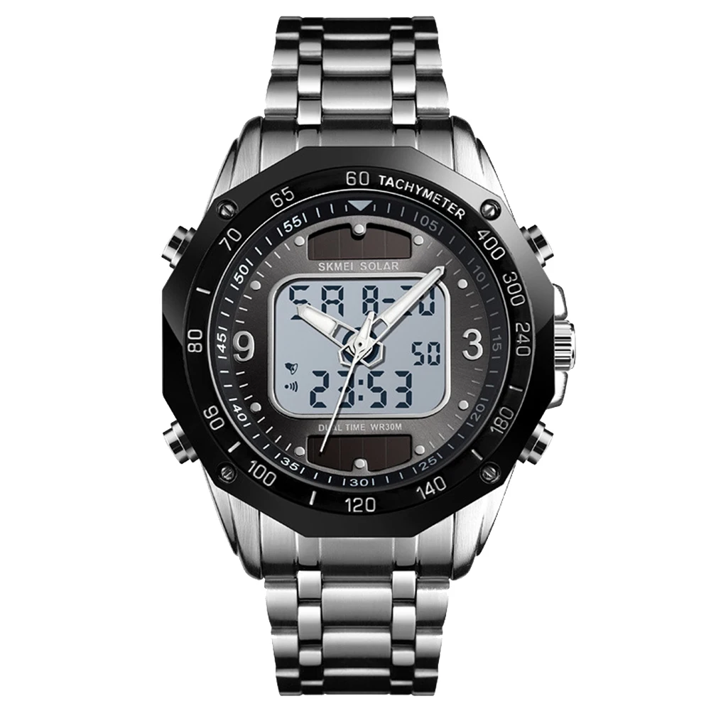 Новые мужские часы на солнечной энергии, светящиеся, двойной дисплей, цифровые, аналоговые, спортивные наручные часы - Цвет: SilverBlack