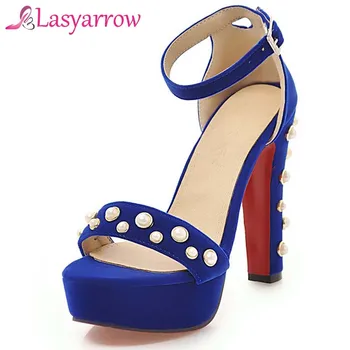

Lasyarrow Summer 2018 Open Toe Ankle Strap High Heel Sandals Big Size 31-43 Black Red Party Wedding Shoes Thick Heels Sandals