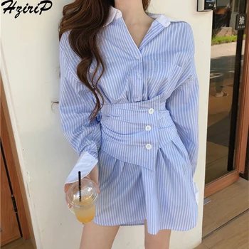 

HziriP New Elegant Shirt Women Aestheticism Literary Striped Loose 2019 Spring Autumn Fashion Office Shirt-dress Preppy Style